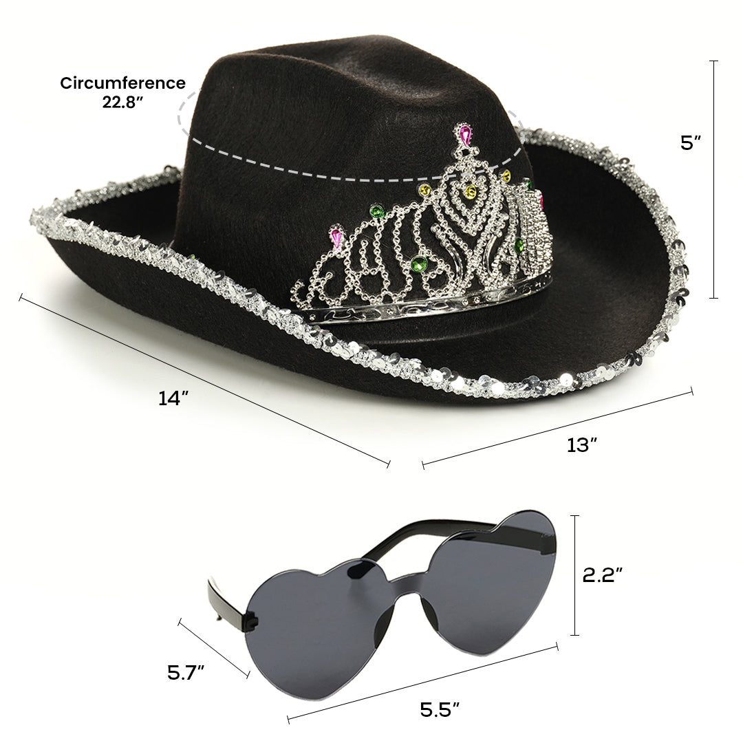 Black Cowgirl Hat with Heart Glasses - Black Cowboy Hat with Tiara Crown - FUNCREDIBLE