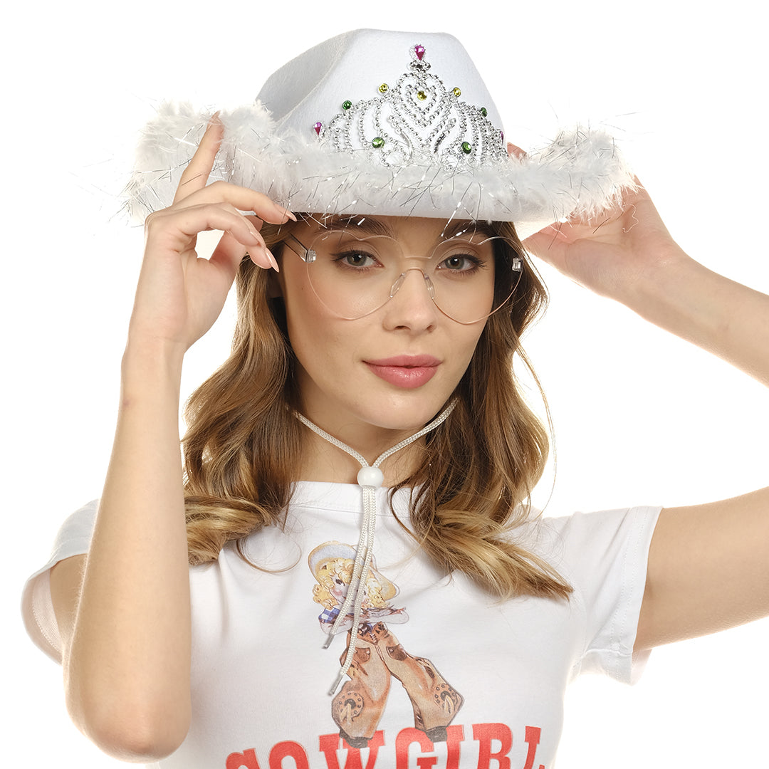 White Cowgirl Hat with Heart Glasses - White Cowboy Hat with Tiara Crown - Halloween Cow Girl Costume Accessories - Fun Rodeo Party Hats and Goggles for Women, Girls and Kids - FUNCREDIBLE