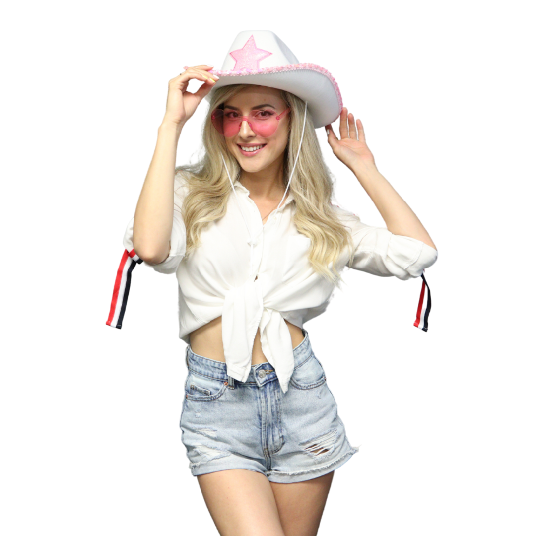 White Pink Cowgirl Hat with Heart Glasses - Pink Cowboy Hat with Pink Sequin Star - Halloween Cow Girl Costume Accessories - Fun Rodeo Party Hats and Goggles for Kids, Girls and Women - FUNCREDIBLE