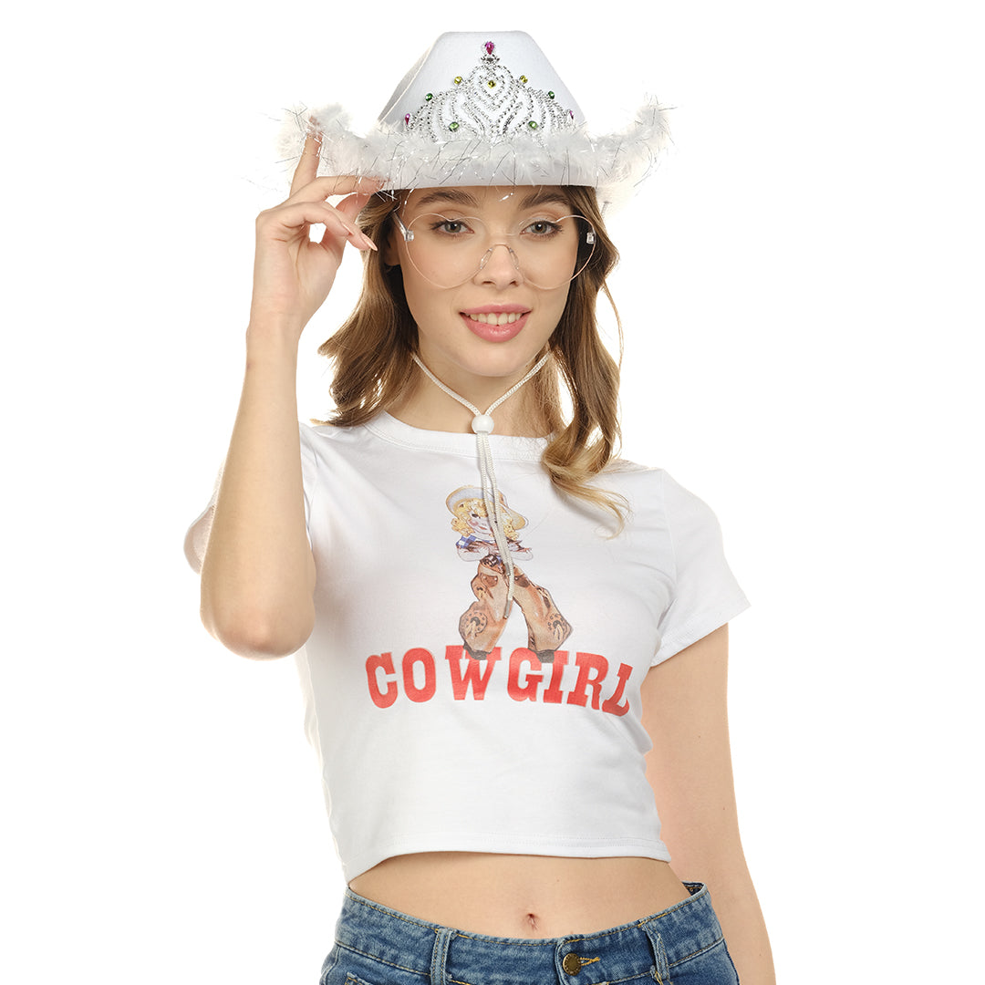 White Cowgirl Hat with Heart Glasses - White Cowboy Hat with Tiara Crown - Halloween Cow Girl Costume Accessories - Fun Rodeo Party Hats and Goggles for Women, Girls and Kids - FUNCREDIBLE
