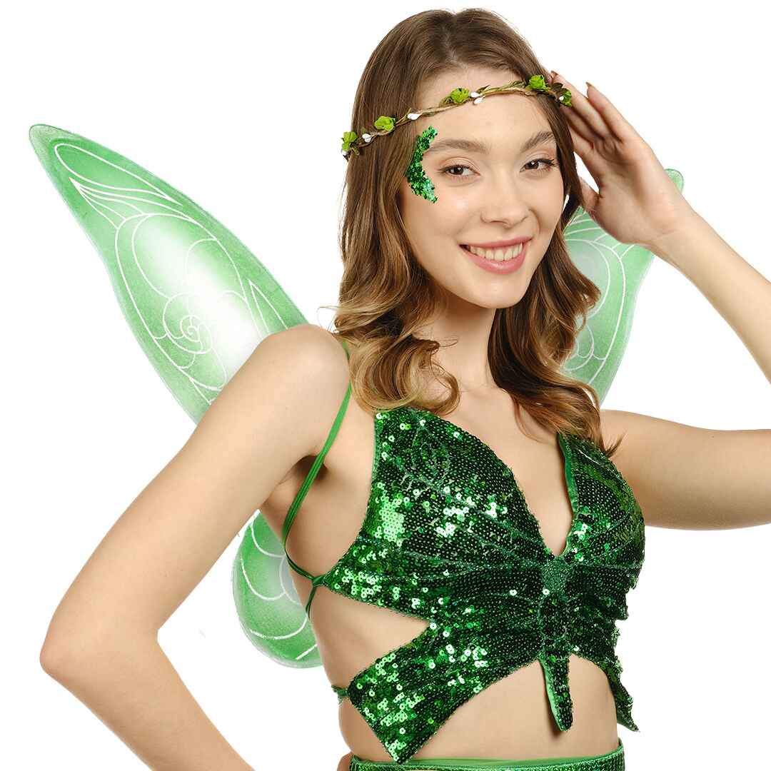 1 pcs green fairy wings for women, 1 flower fairy crown and 1 container green chunky glitter