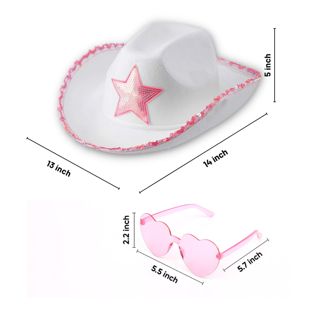 White Pink Cowgirl Hat with Heart Glasses - Pink Cowboy Hat with Pink Sequin Star - Halloween Cow Girl Costume Accessories - Fun Rodeo Party Hats and Goggles for Kids, Girls and Women - FUNCREDIBLE