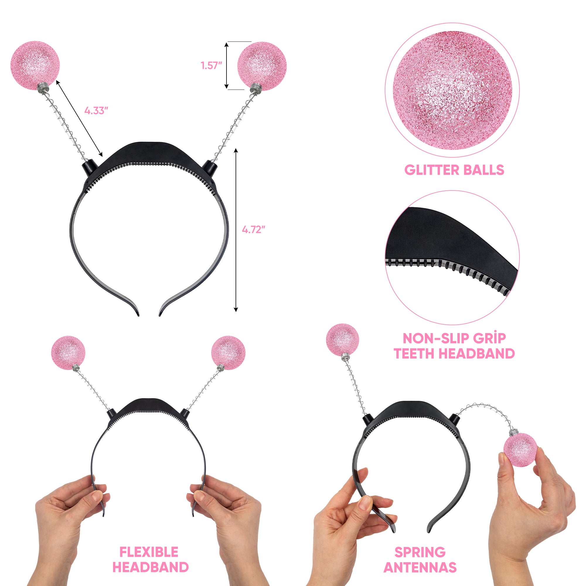 Light Up Pink Alien Headband with Chunky Glitter - Alien Costume Accessories for Women - FUNCREDIBLE