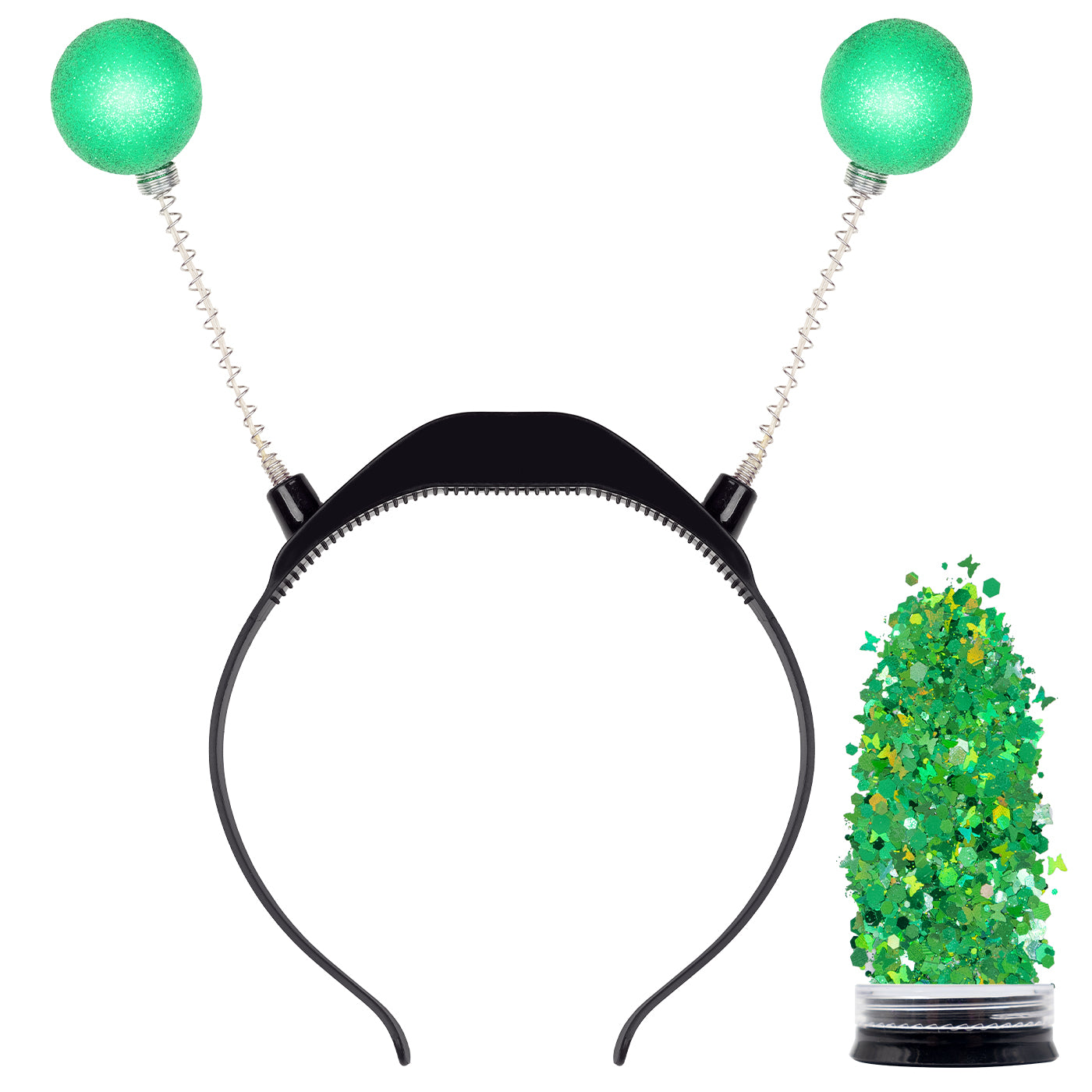 Green Light Up Alien Headband with Chunky Glitter - Alien Costume Accessories for Women - FUNCREDIBLE