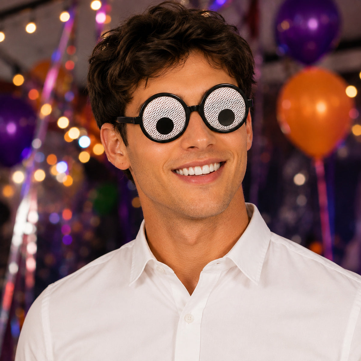 Big-Eye Novelty Costume Glasses styled for a costume party - alternate view