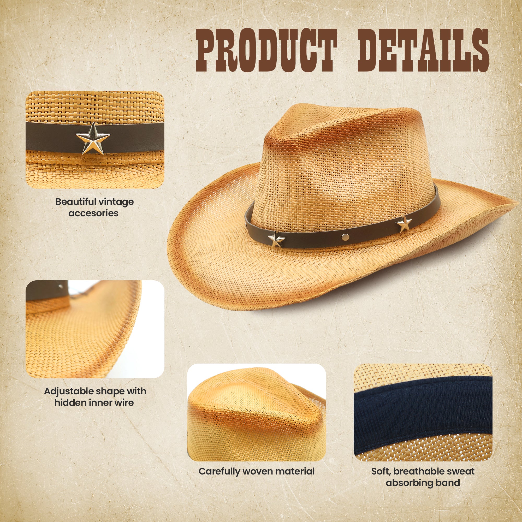 Funcredible Straw Cowboy Hat - Woven Cowgirl Hat with 3 Replaceable Hat Bands - Vintage Western Cowgirl Hat - Aesthetic Cowboy Hat for Women and Men Western Style - Trendy Cowgirl Cowboy Hat