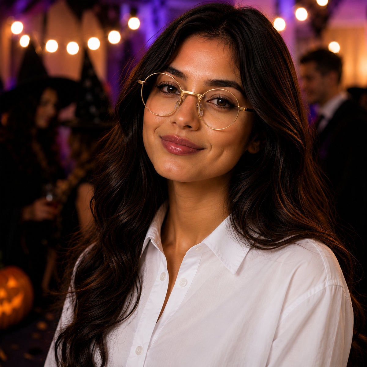Round Gold Wire-Style Costume Glasses styled for a costume party