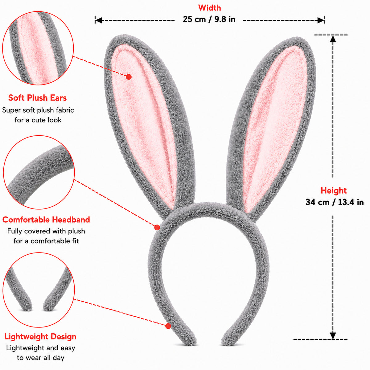 Gray Bunny Ears Headband with Pink Inner Ears - design and size details