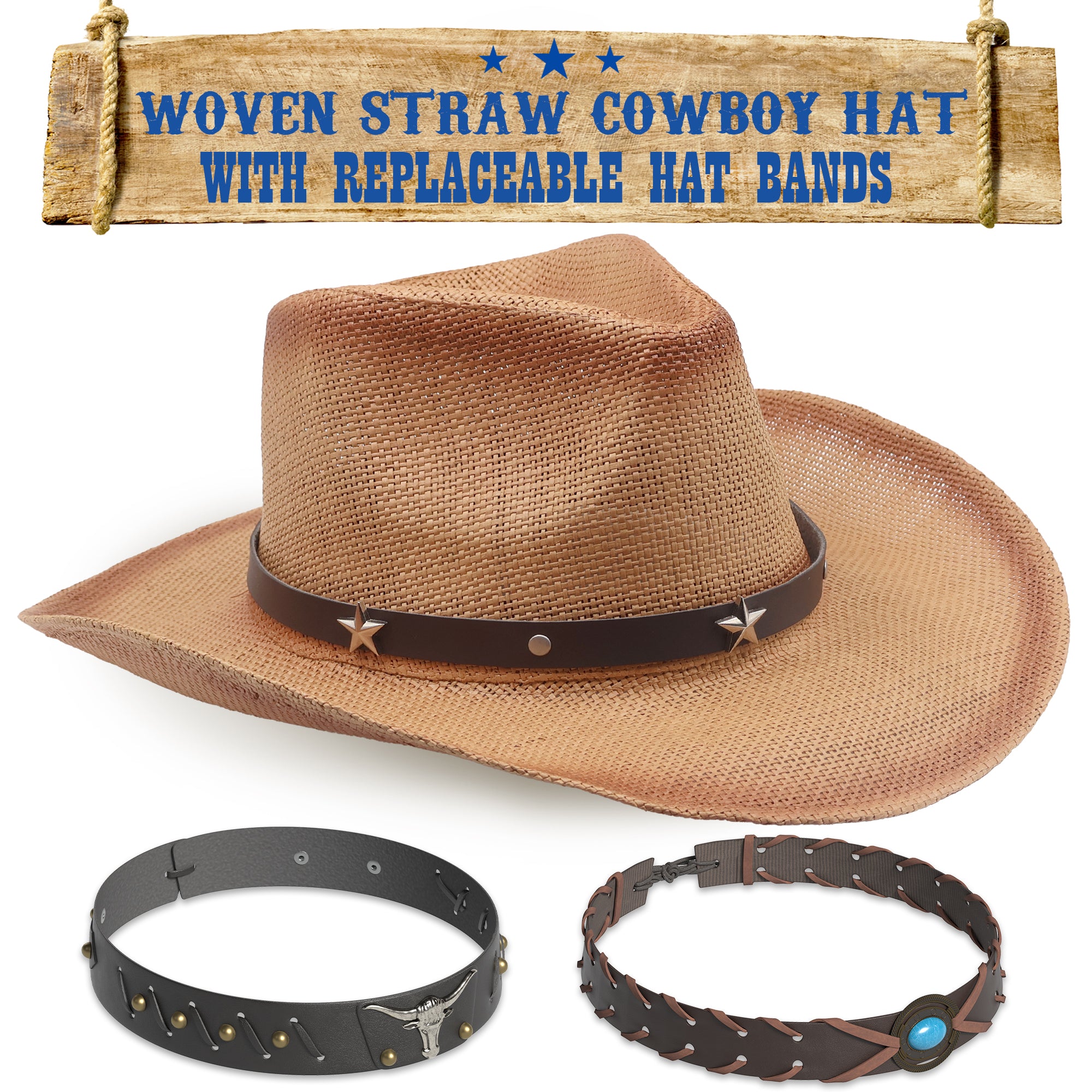 Funcredible Straw Cowboy Hat - Woven Cowgirl Hat with 3 Replaceable Hat Bands - Vintage Western Cowgirl Hat - Aesthetic Cowboy Hat for Women and Men Western Style - Trendy Cowgirl Cowboy Hat
