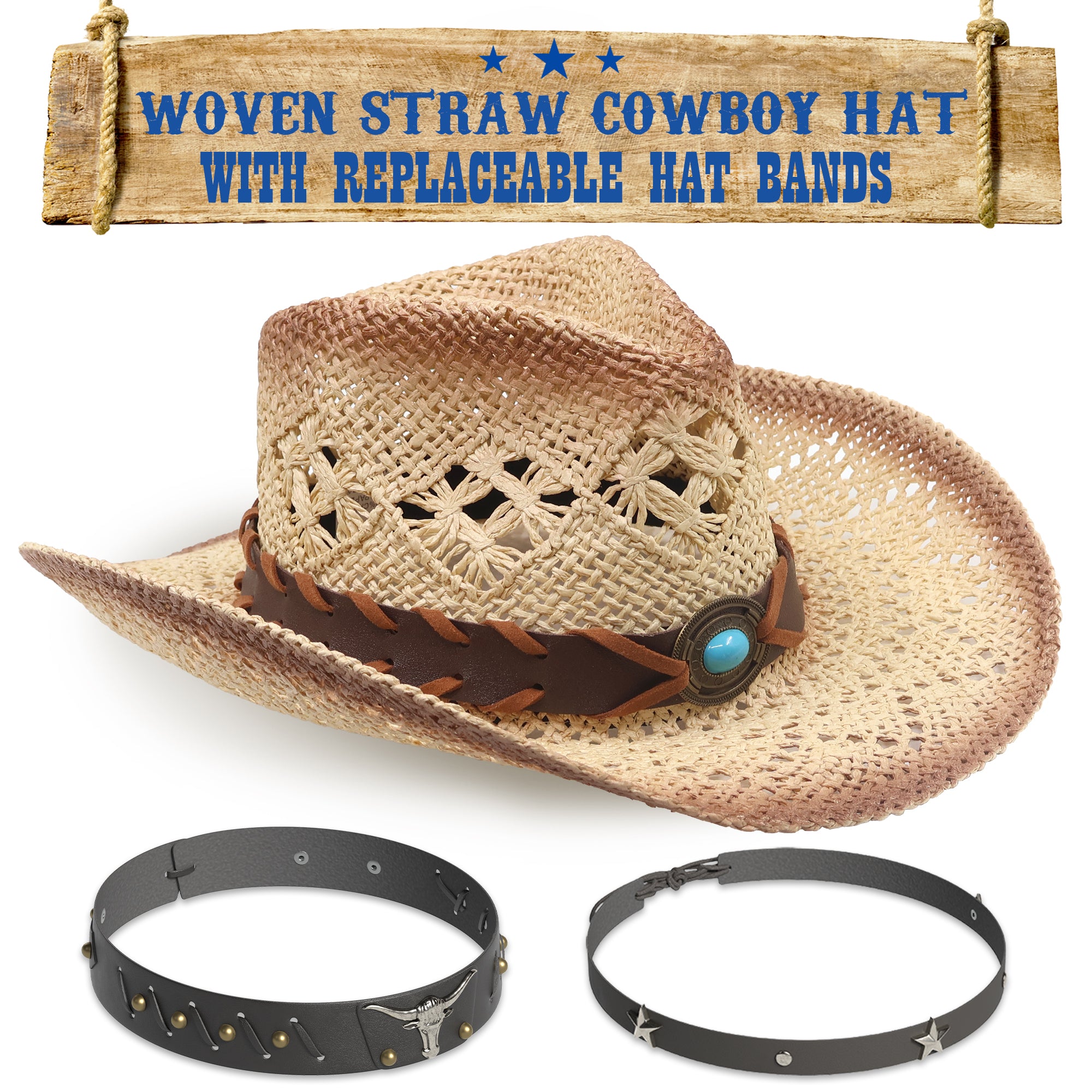 Funcredible Straw Cowboy Hat - Woven Cowgirl Hat with 3 Replaceable Hat Bands - Vintage Western Cowgirl Hat - Aesthetic Cowboy Hat for Women and Men Western Style - Trendy Cowgirl Cowboy Hat