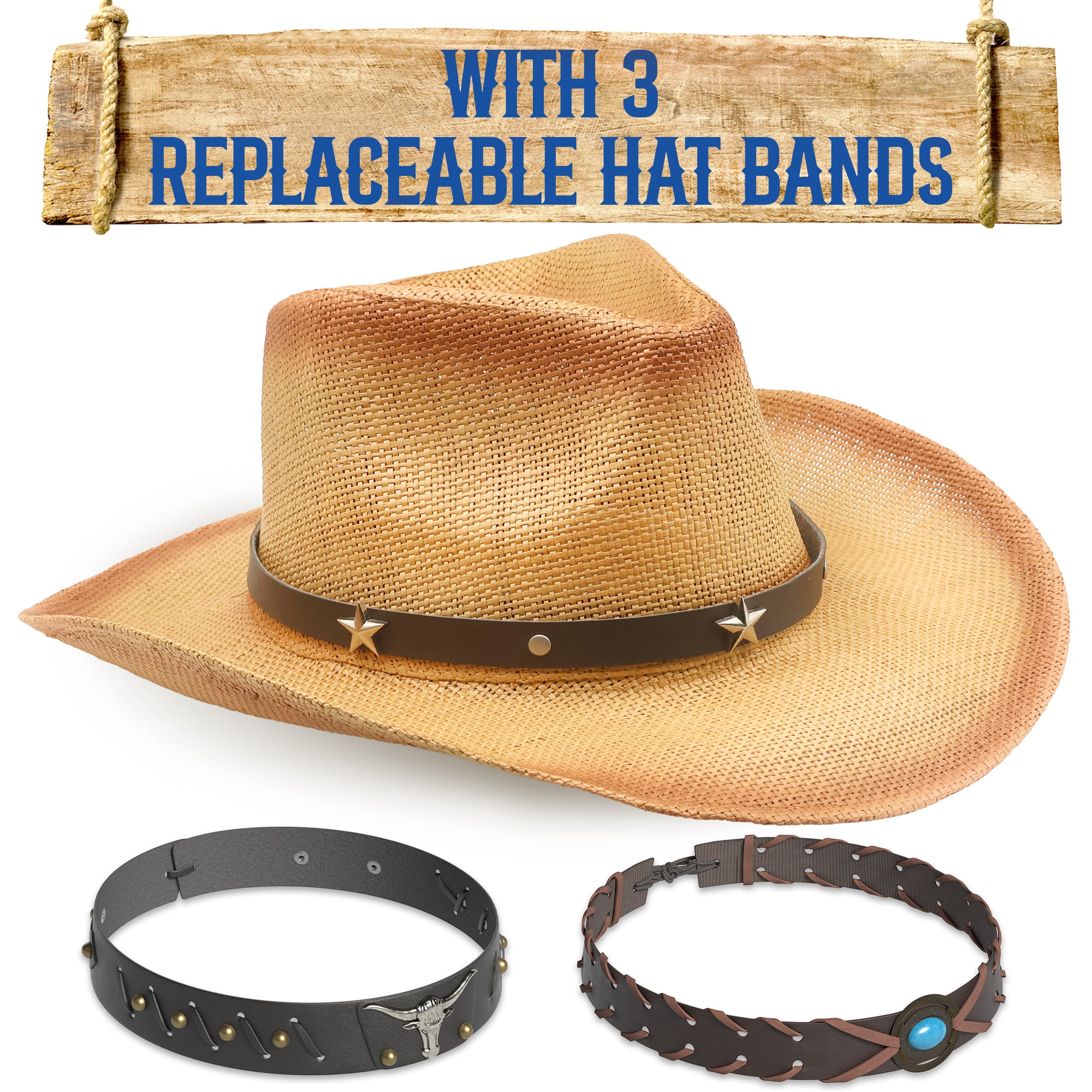 Funcredible Straw Cowboy Hat - Woven Cowgirl Hat with 3 Replaceable Hat Bands - Vintage Western Cowgirl Hat - Aesthetic Cowboy Hat for Women and Men Western Style - Trendy Cowgirl Cowboy Hat