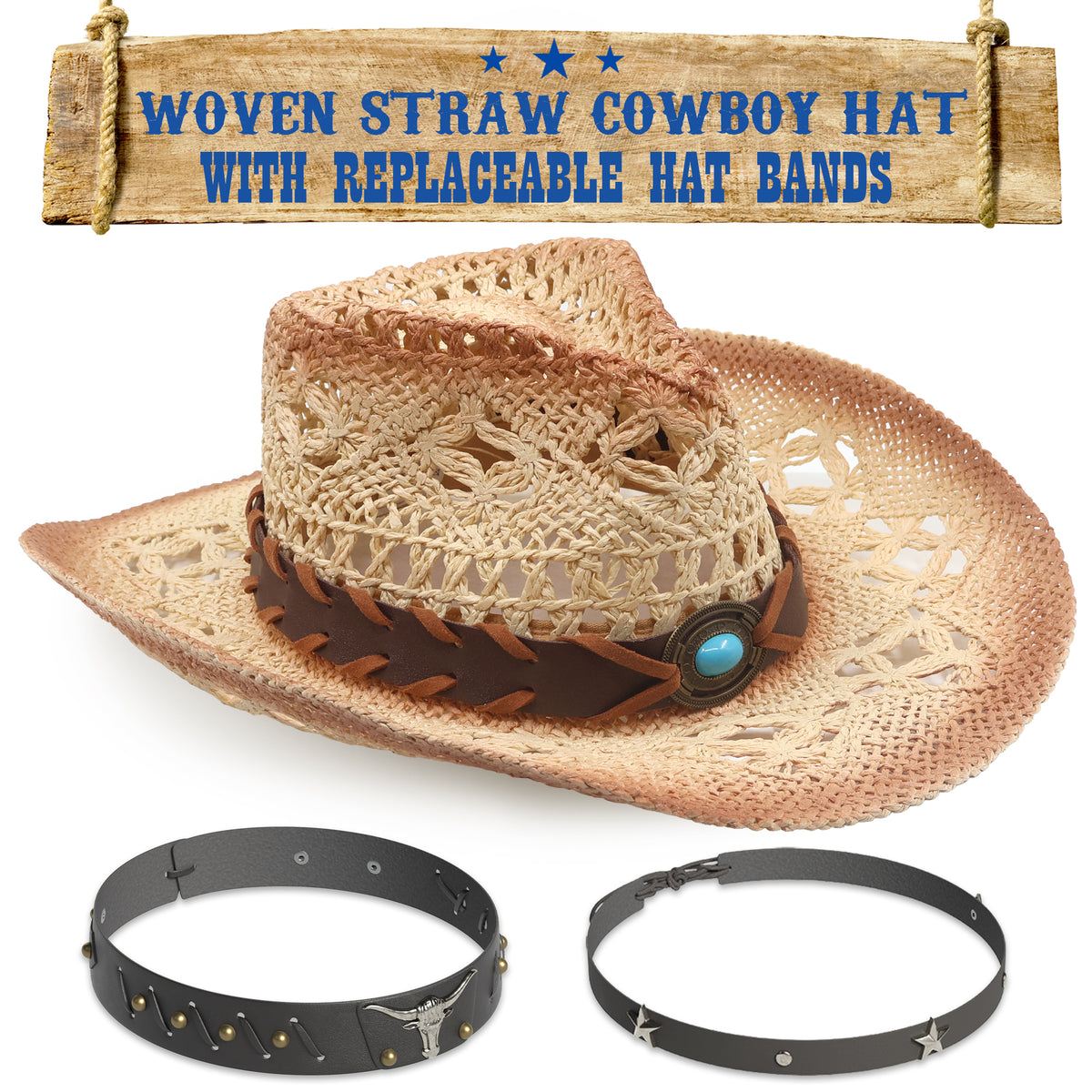 Funcredible Straw Cowboy Hat - Woven Cowgirl Hat with 3 
