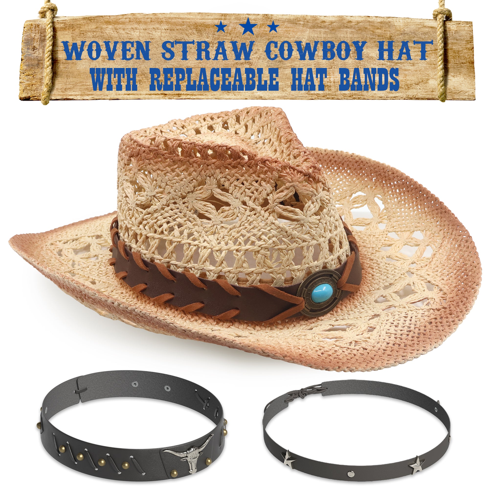 Funcredible Straw Cowboy Hat - Woven Cowgirl Hat with 3 Replaceable Hat Bands - Vintage Western Cowgirl Hat - Aesthetic Cowboy Hat for Women and Men Western Style - Trendy Cowgirl Cowboy Hat