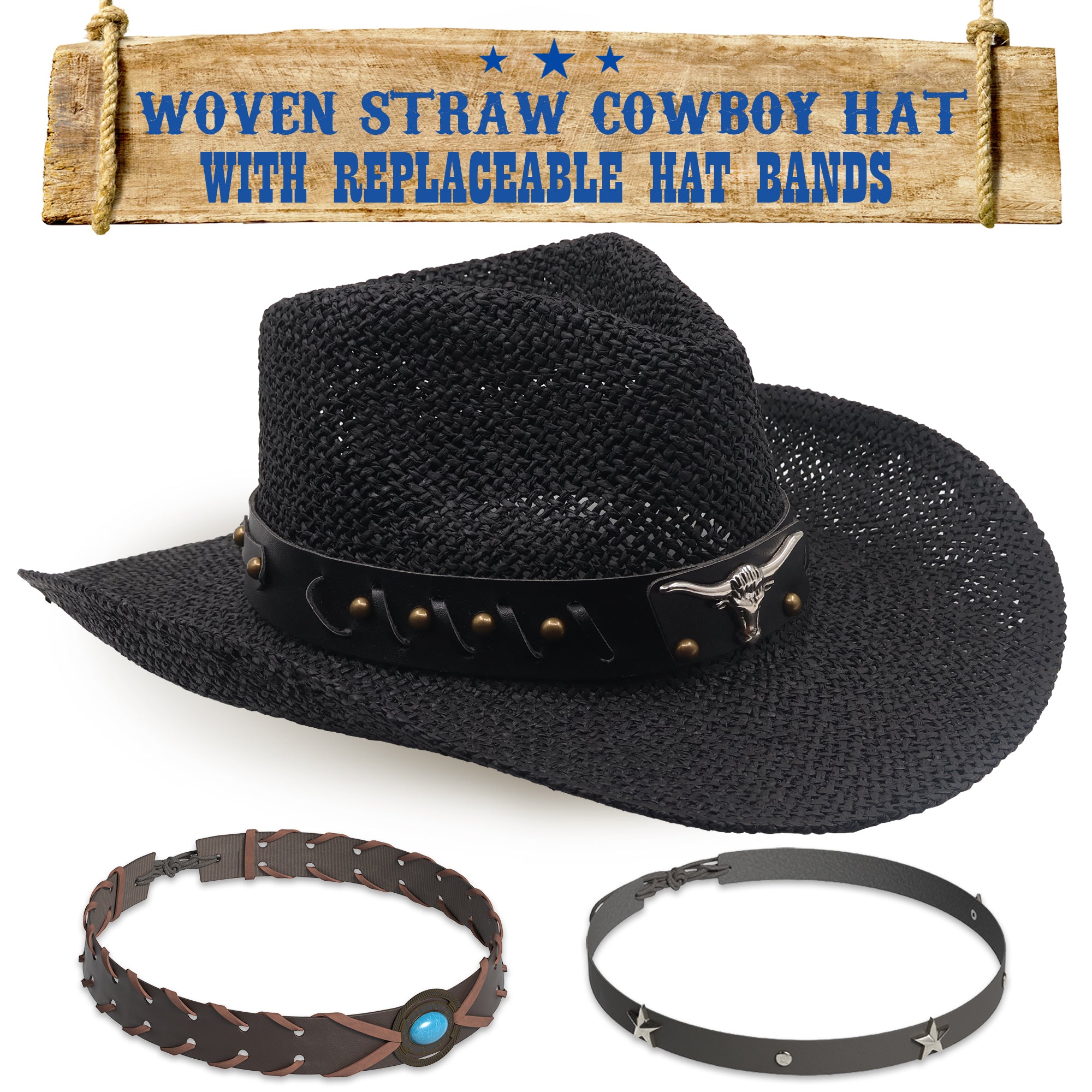 Funcredible Straw Cowboy Hat - Woven Cowgirl Hat with 3 Replaceable Hat Bands - Vintage Western Cowgirl Hat - Aesthetic Cowboy Hat for Women and Men Western Style - Trendy Cowgirl Cowboy Hat