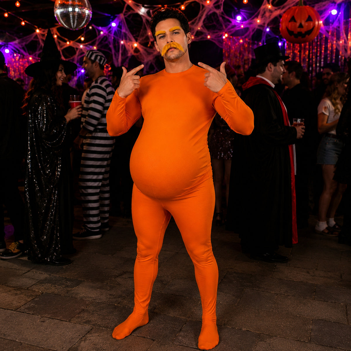 Orange Costume Mustache & Eyebrows Set styled for a costume party - alternate view