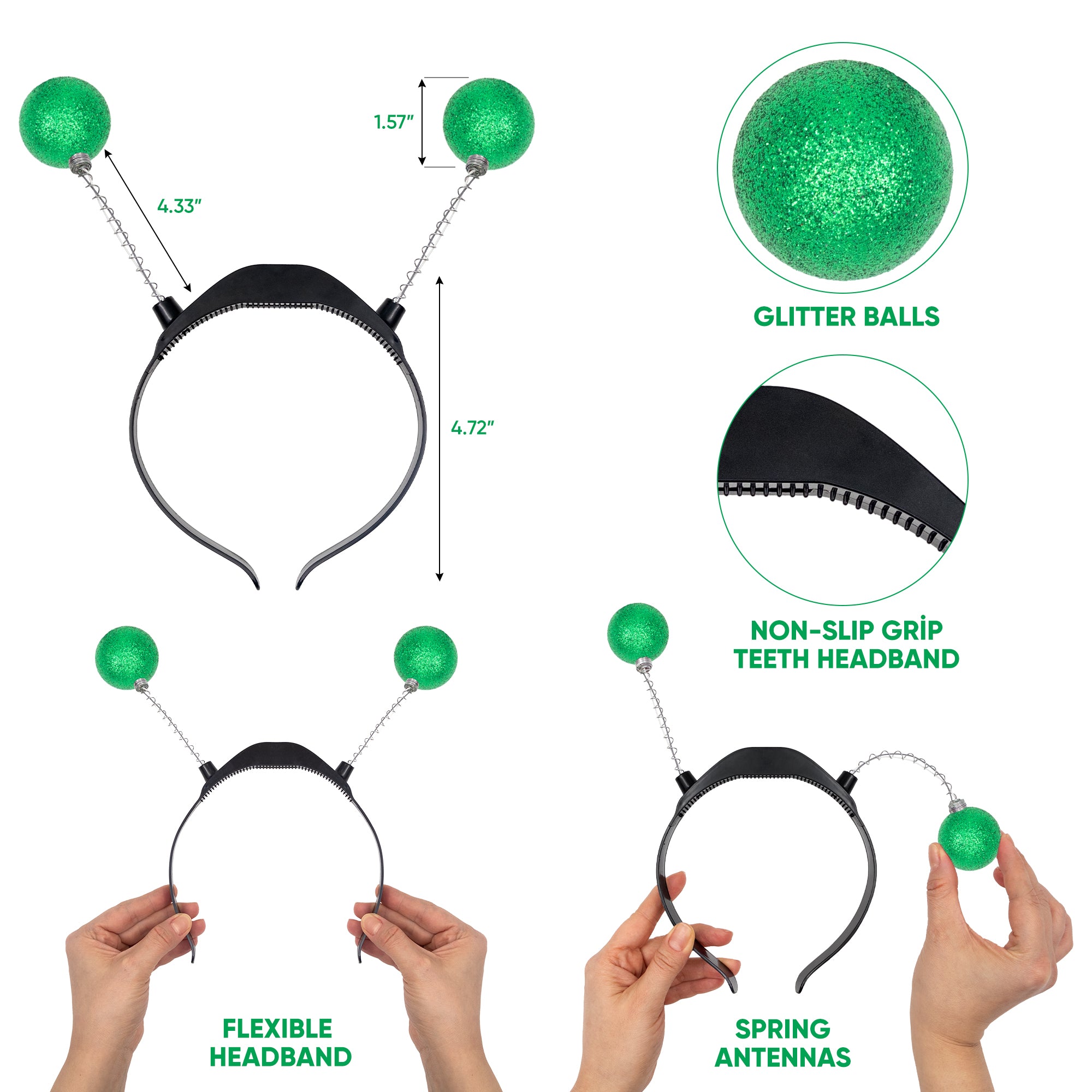 Green Light Up Alien Headband with Chunky Glitter - Alien Costume Accessories for Women - FUNCREDIBLE