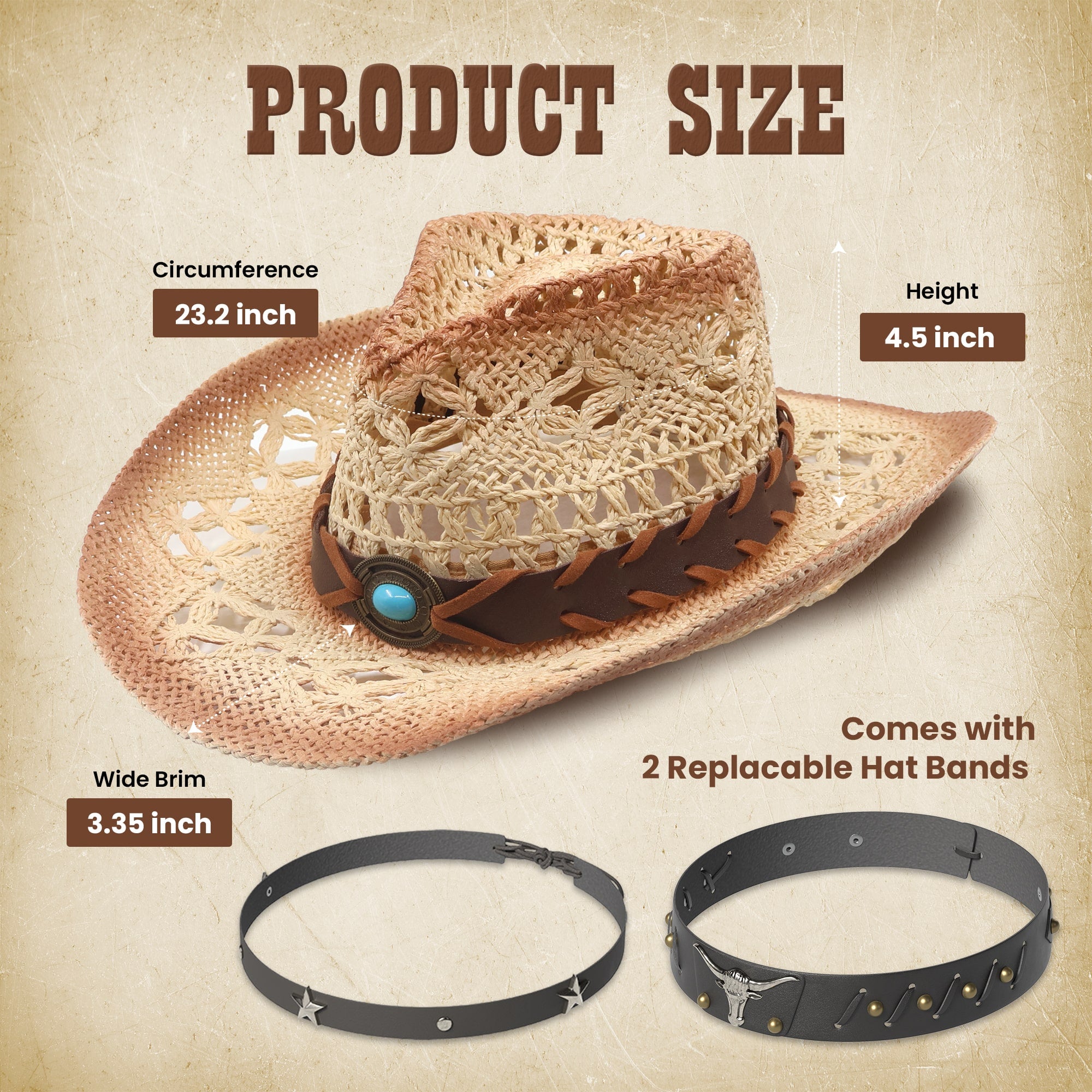 Funcredible Straw Cowboy Hat - Woven Cowgirl Hat with 3 Replaceable Hat Bands - Vintage Western Cowgirl Hat - Aesthetic Cowboy Hat for Women and Men Western Style - Trendy Cowgirl Cowboy Hat
