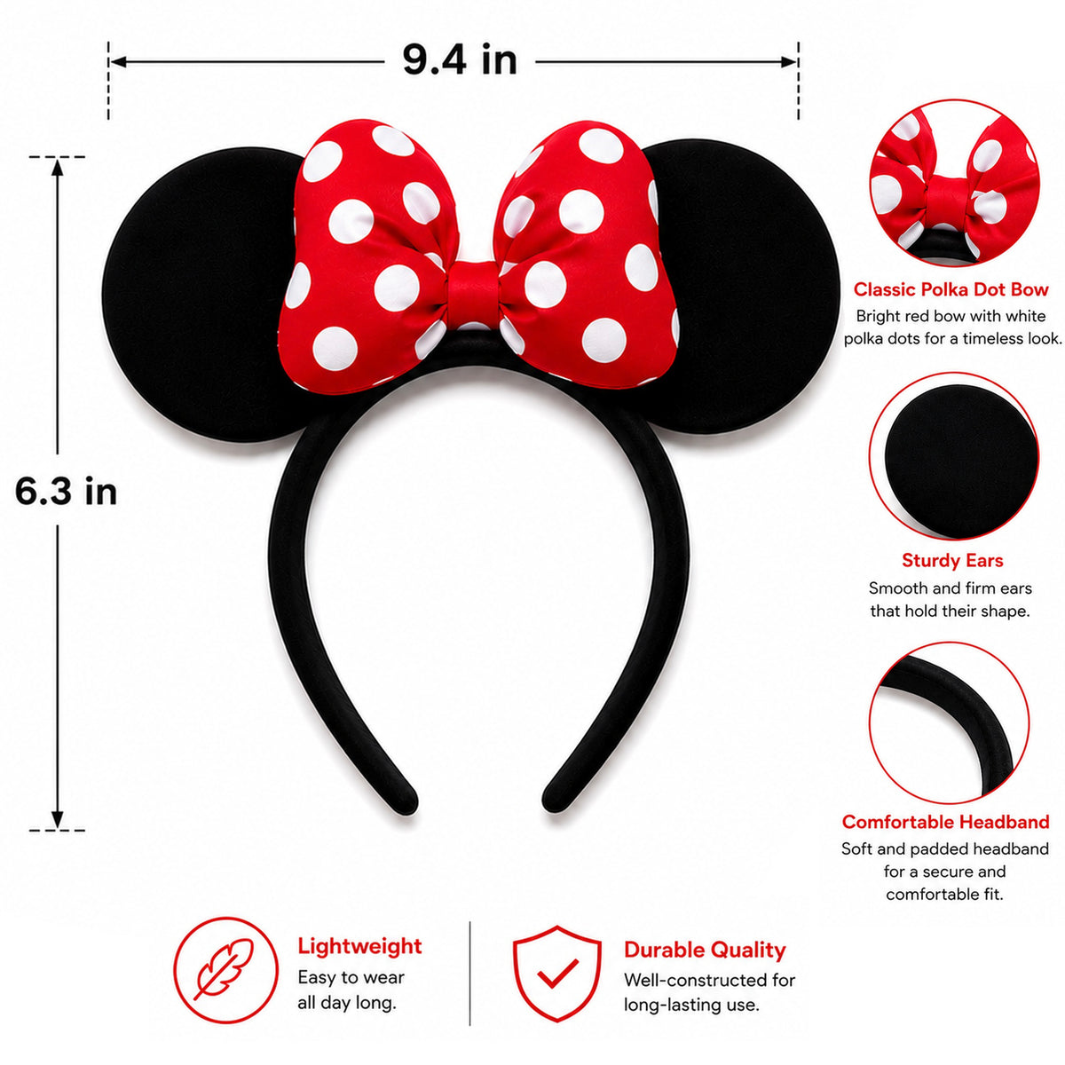 Classic Mouse Ears with Red Bow & Dot Sheet - design and size details