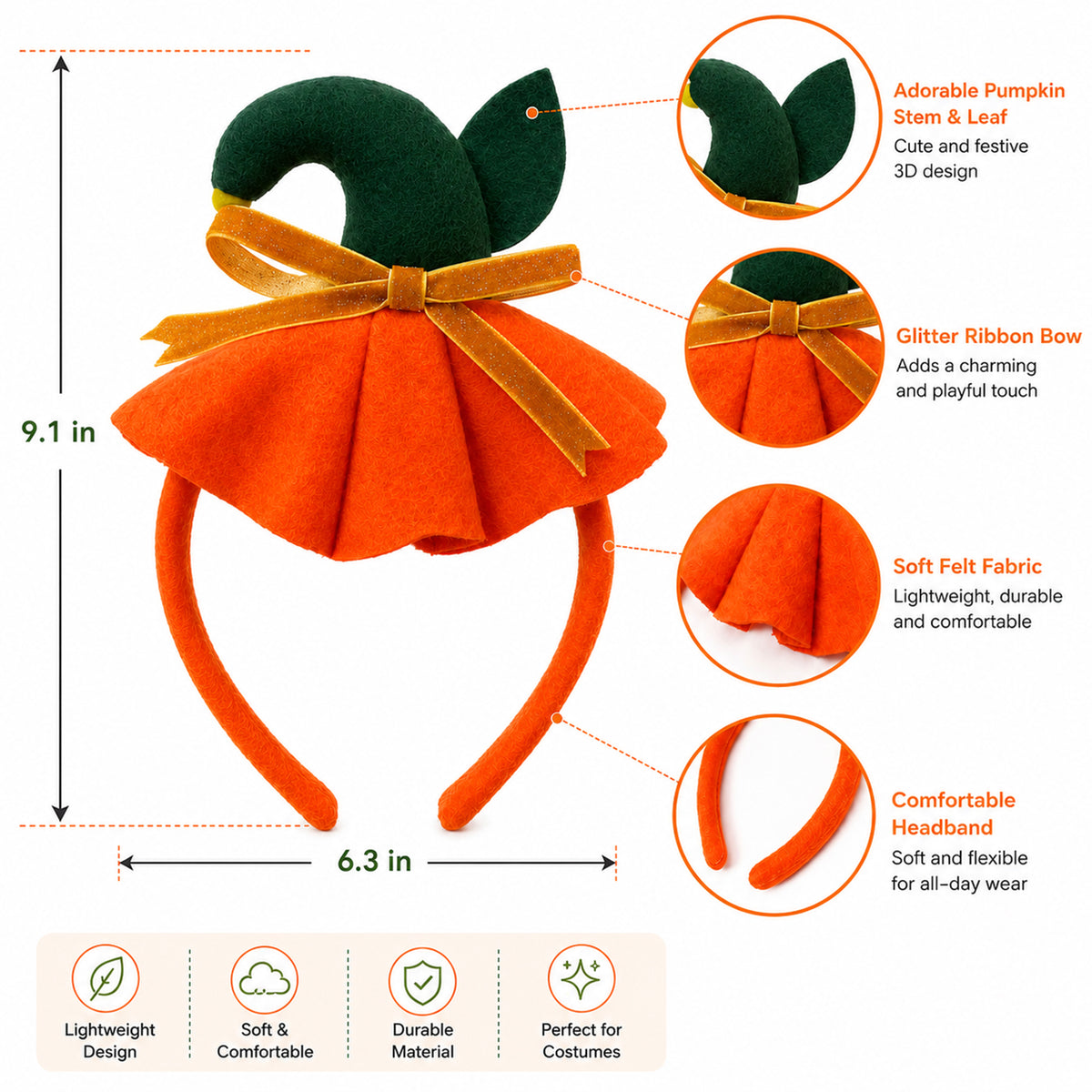 Pumpkin Headband with Gold Bow - design and size details