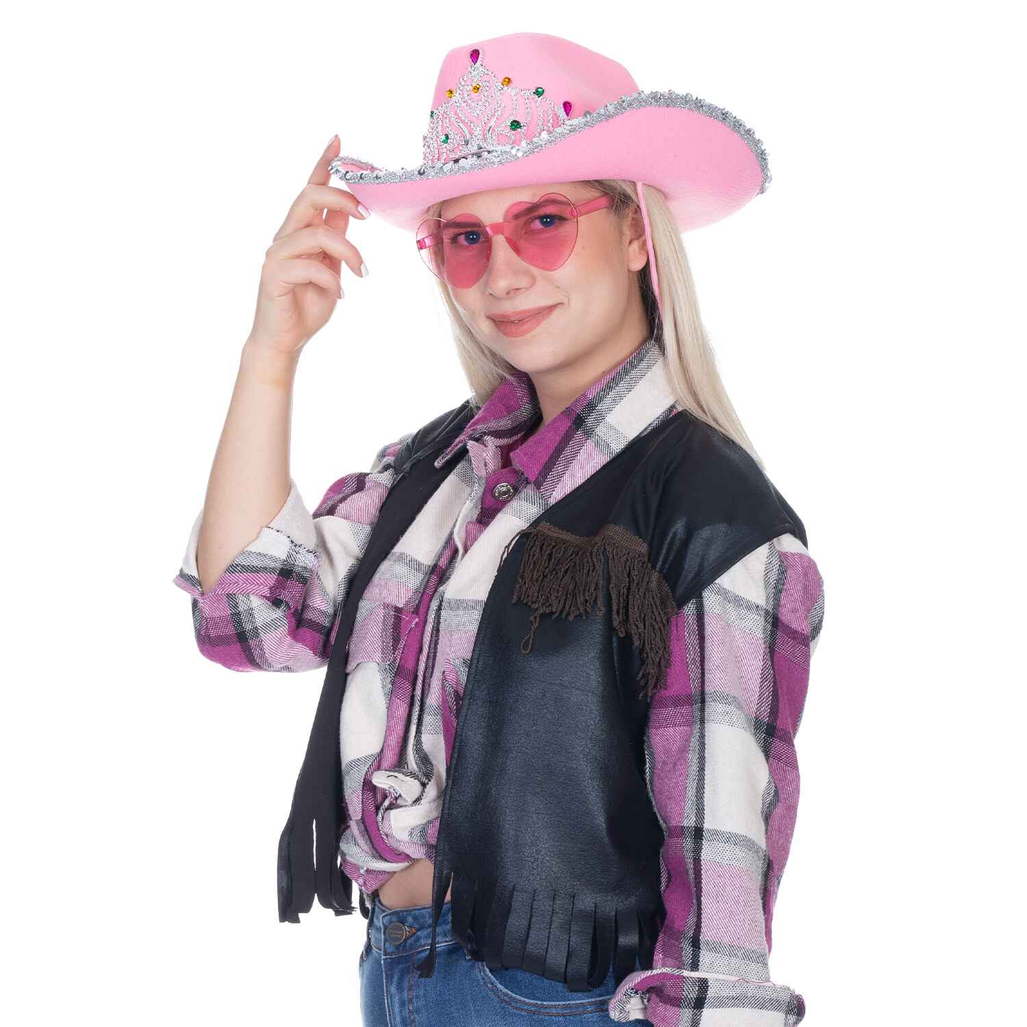 Pink Cowgirl Hat with Heart Glasses - Pink Cowboy Hat with Tiara Crown - FUNCREDIBLE