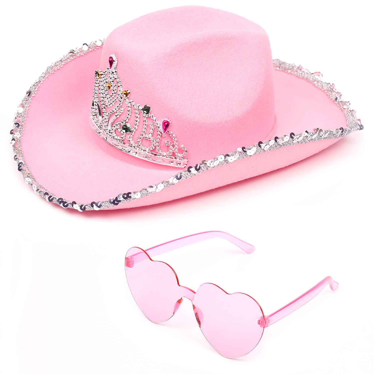 Funcredible Pink Cowgirl Hat with Heart Glasses - Pink Cowboy Hat with Tiara Crown