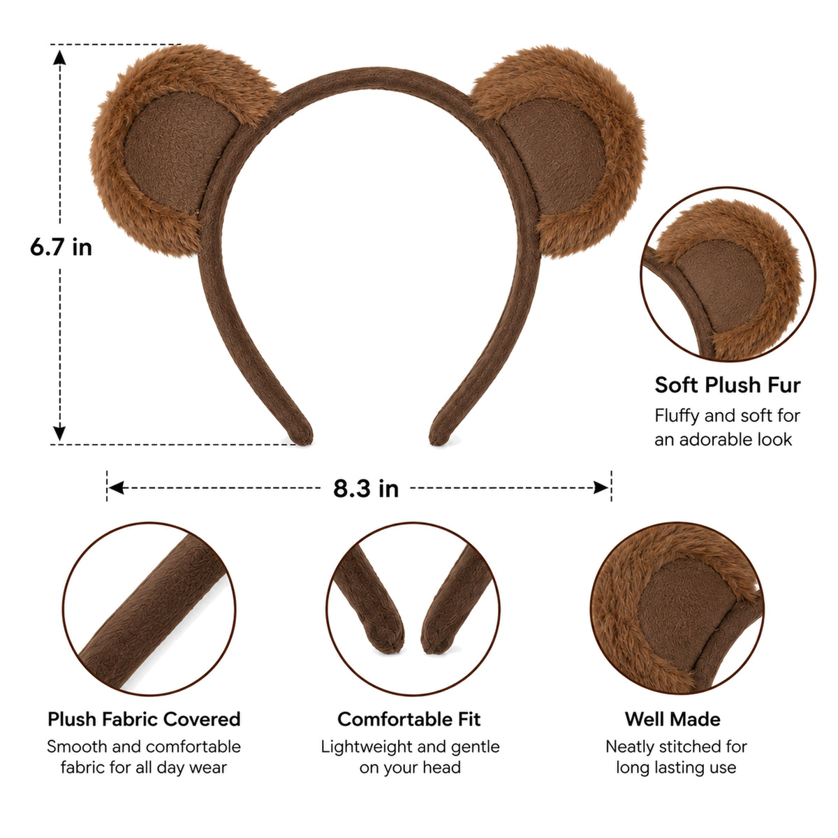 Plush Brown Bear Ears Headband - design and size details