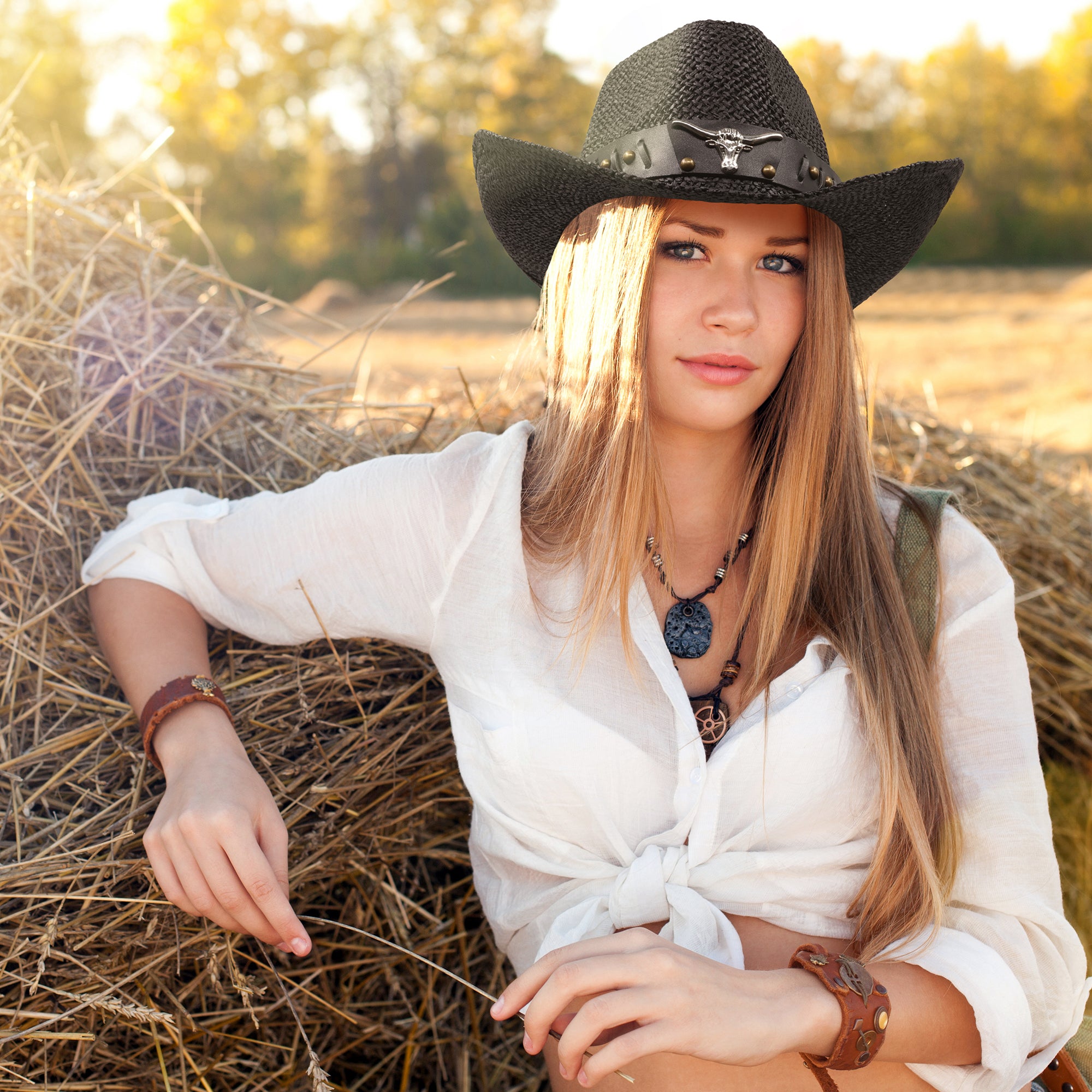 Funcredible Straw Cowboy Hat - Woven Cowgirl Hat with 3 Replaceable Hat Bands - Vintage Western Cowgirl Hat - Aesthetic Cowboy Hat for Women and Men Western Style - Trendy Cowgirl Cowboy Hat