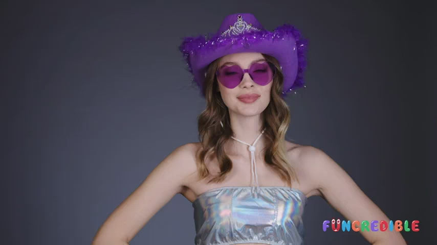 Funcredible Purple Cowgirl Hat with Heart Glasses