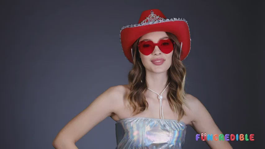 Funcredible Red Cowgirl Hat with Glasses