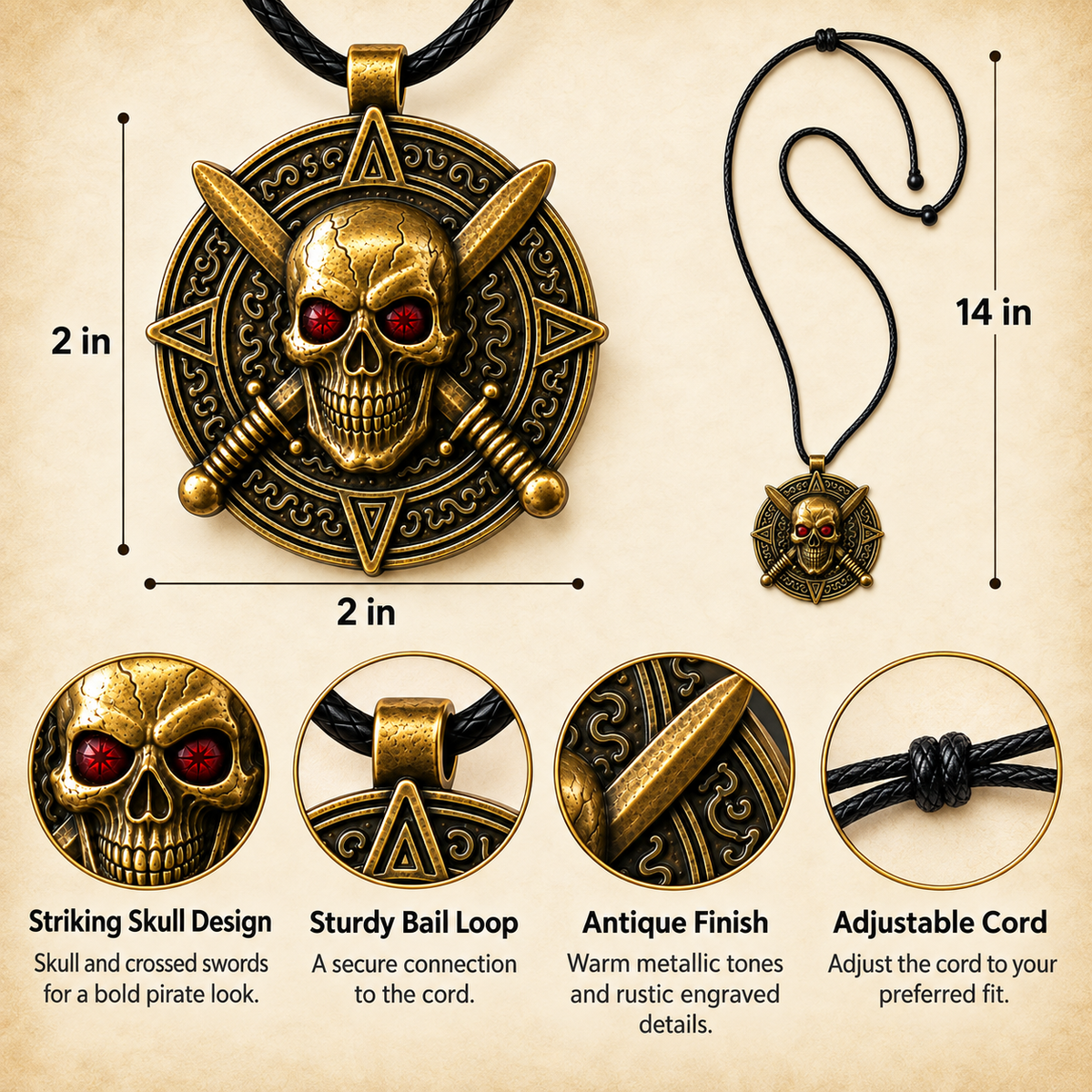 Skull and crossed swords medallion necklace dimensions and cord details