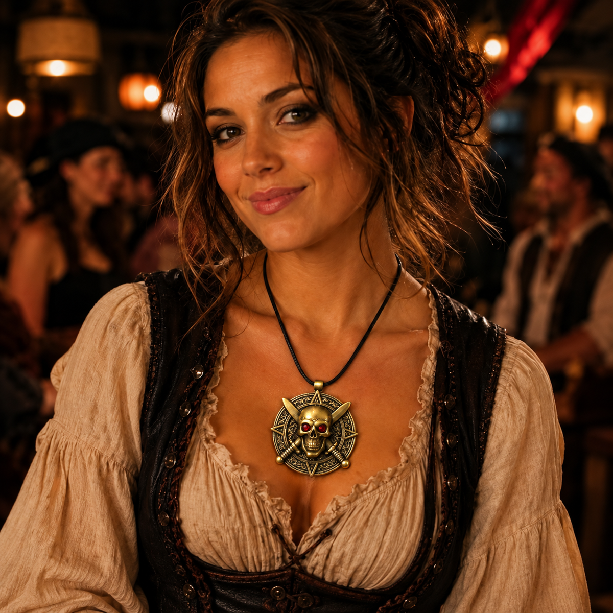 Skull and crossed swords necklace styled with a pirate costume