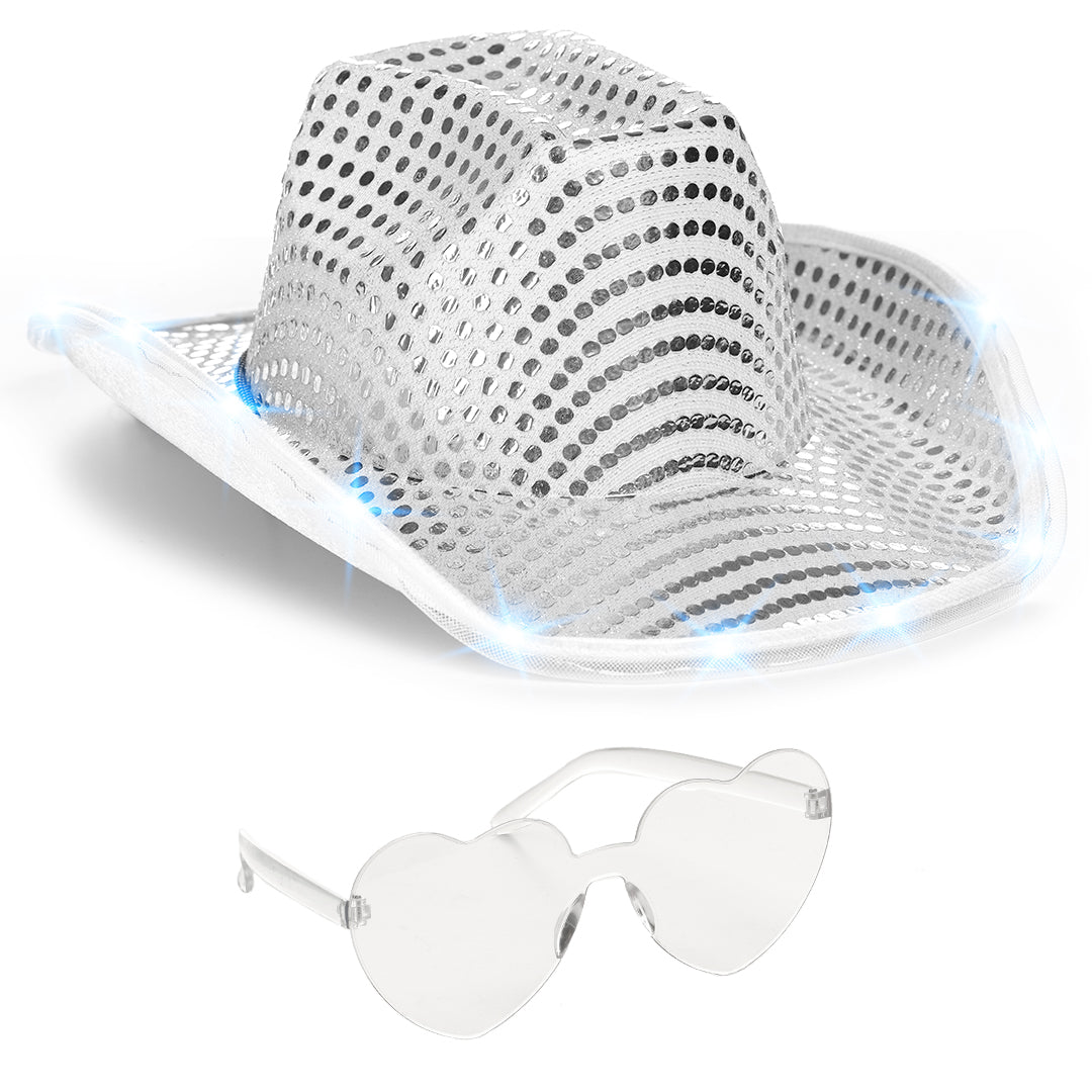 Space Cowgirl Hat - White Light Up Cowboy Hat with Glasses - FUNCREDIBLE