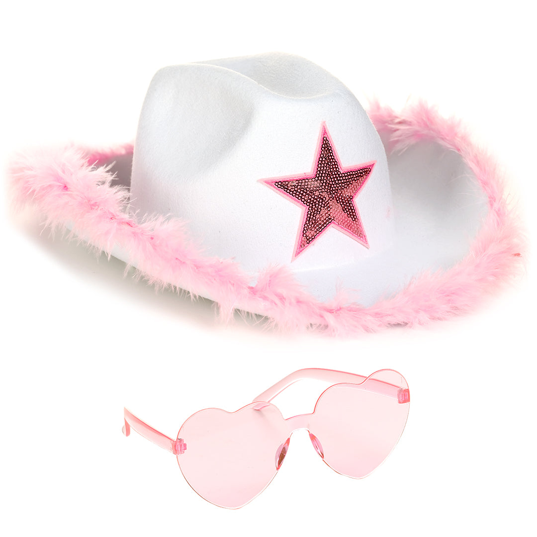White Cowgirl Hat with Heart Glasses - White Cowboy Hat with Pink Sequin Star - FUNCREDIBLE