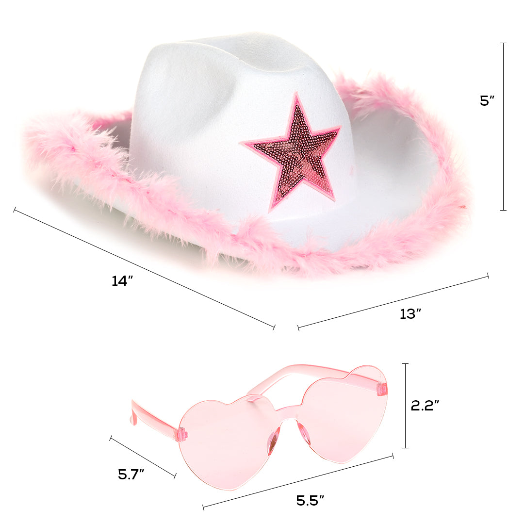 White Cowgirl Hat with Heart Glasses - White Cowboy Hat with Pink Sequin Star - FUNCREDIBLE